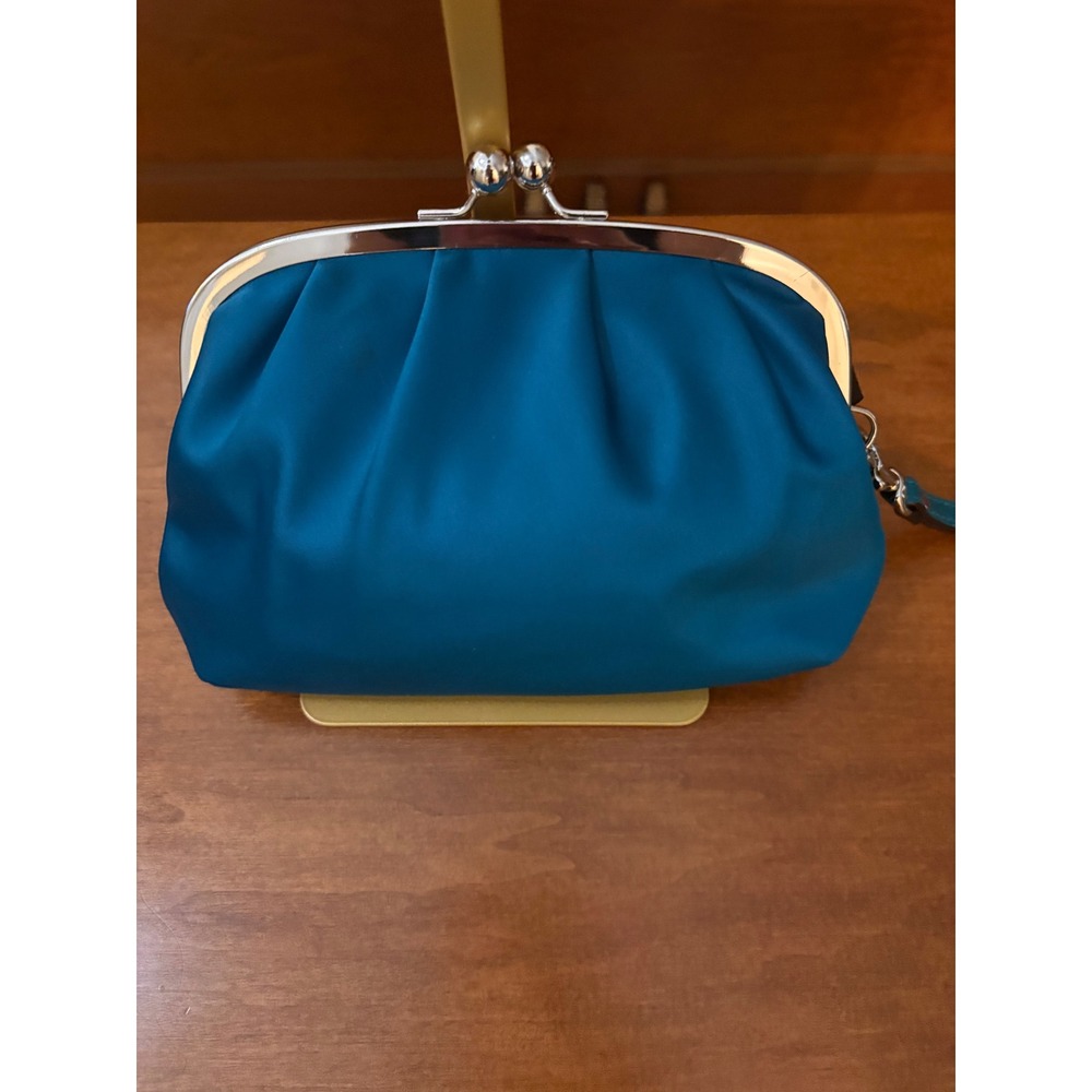 Coach Wristlet Bag Womens Satin Clutch Teal Blue Kiss Lock Vintage Evening Glam - Picture 2 of 10